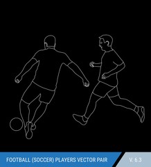 Two football opponents from different teams are fighting for the ball. Soccer players are fighting for the ball. Outline silhouettes, vector illustration. Black background with white silhouettes.