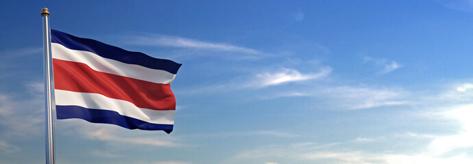 Bandera de Costa Rica subida ondeando al viento con cielo de fondo - obrazy, fototapety, plakaty