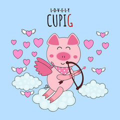 Valentine's day cute pig cupid shoots a bow above cloud decorated with hearts and funny text'' LOVELY CUPIG'' on sky blue background.