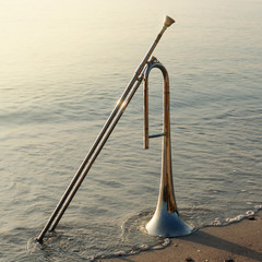 on the sandy beach, in the water is a wind instrument trumpet, sun glare, concept