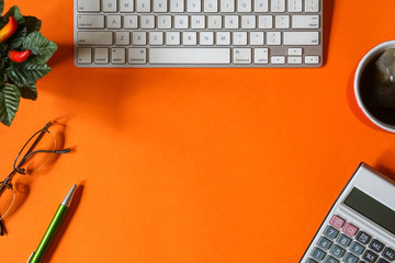 Flat lay, top view office table desk