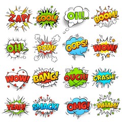 Comic words. cartoon boom crash speech bubble funny elements and kids sketch stickers vector icons set - obrazy, fototapety, plakaty