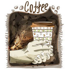 Coffee to go. Hand with a glass of coffee. Watercolor drawing.