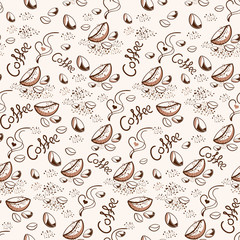 Hand lettering coffee. Coffee beans sample pattern.