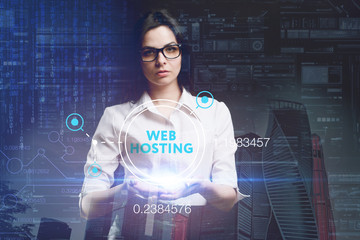 The concept of business, technology, the Internet and the network. A young entrepreneur working on a virtual screen of the future and sees the inscription: Web hosting