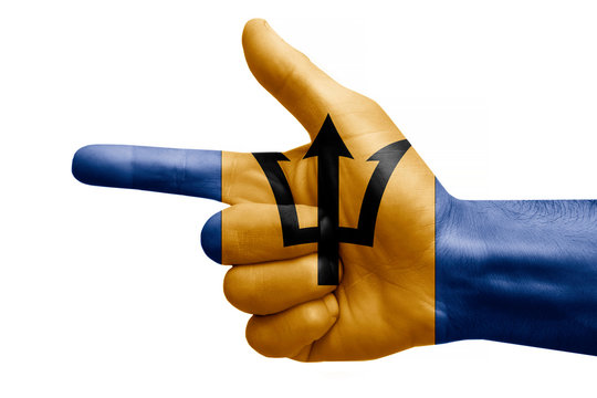 hand symbol with a sign of a gun, painted with the flag of barbados