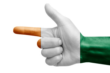 hand symbol with a sign of a gun, painted with the flag of cote d'ivoire