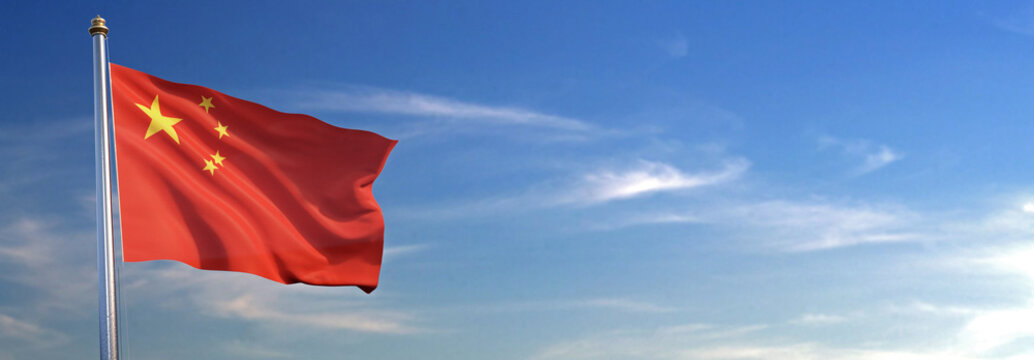 Flag of China rise waving to the wind with sky in the background