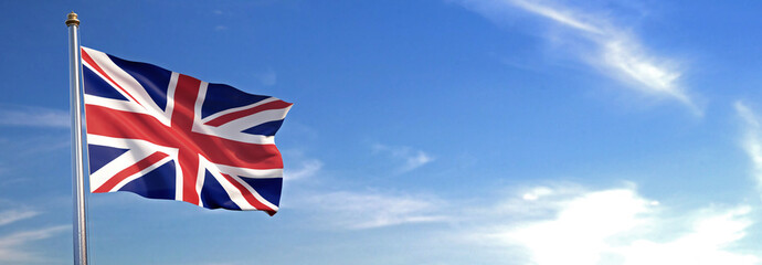 Fototapeta na wymiar Flag of UK rise waving to the wind with sky in the background