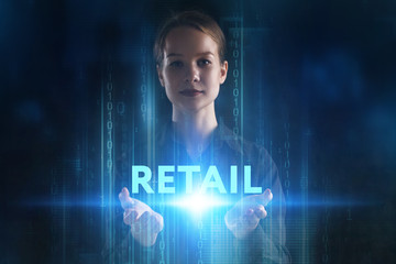 The concept of business, technology, the Internet and the network. A young entrepreneur working on a virtual screen of the future and sees the inscription: Retail