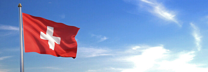 Flag of Switzerland rise waving to the wind with sky in the background