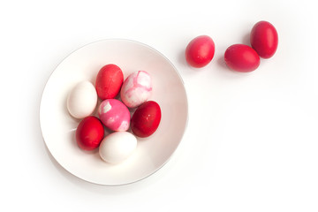 happy easter top view on white and red eggs. color of spring 2019 pink peacock and jester red