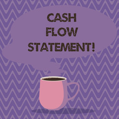 Text sign showing Cash Flow Statement. Conceptual photo financial measures cash generated used by company period Mug photo Cup of Hot Coffee with Blank Color Speech Bubble as Steam icon