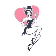 sexy pinup girl onheart shape background for youe logo, label, print, emblem
