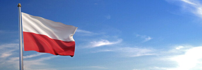 Flag of Poland rise waving to the wind with sky in the background