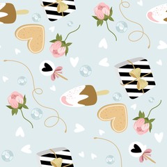 International women's day vector seamless pattern with romantic elements. Vector illustration.