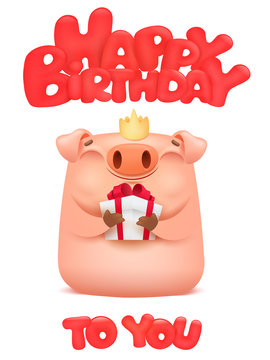 Happy birthday card with cute pig cartoon emoji character