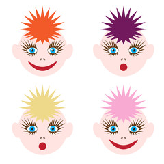 Illustration of funny faces. The image of colored hair of different colors and different emotions.