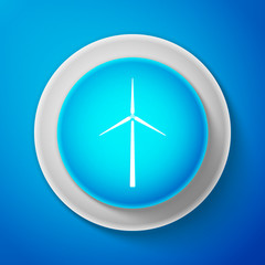 Wind turbine icon isolated on blue background. Wind generator sign. Windmill silhouette. Windmills for electric power production. Circle blue button. Vector illustration