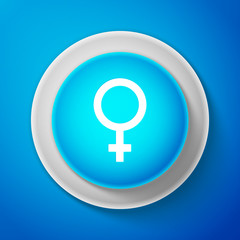 Female gender symbol icon isolated on blue background. Venus symbol. The symbol for a female organism or woman. Circle blue button. Vector illustration
