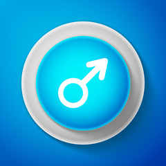 Male gender symbol icon isolated on blue background. Circle blue button. Vector illustration