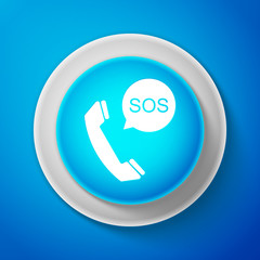 SOS call icon isolated on blue background. 911, emergency, help, warning, alarm. Circle blue button. Vector illustration