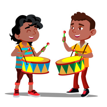 Two Little Afro American Boys Beating The Drums And Dancing Vector. Isolated Illustration