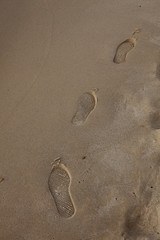 Fototapeta na wymiar Human trace of a foot on yellow sand