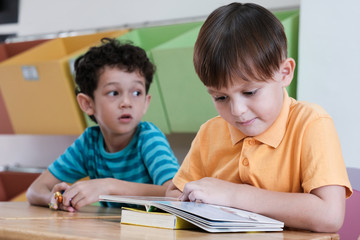Boy reading book in their kindergarten classroom, kid education concept