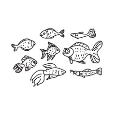 Vector set of aquarium fish. Simple doodle drawing isolated on white