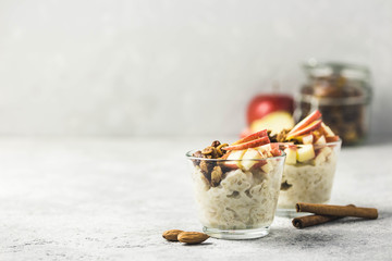 Apple cinnamon overnight oats. Selective focus, space for text.
