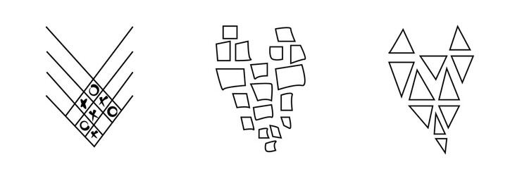 Stylish, modern, abstract set of black and white hearts isolated on white background. Vector in graphic style.