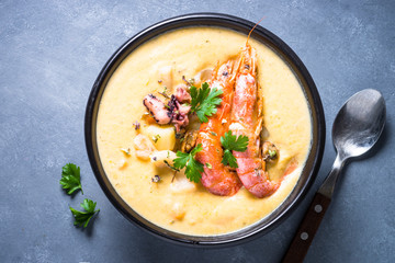 Chowder soup with seafood and prawn shrimps. 