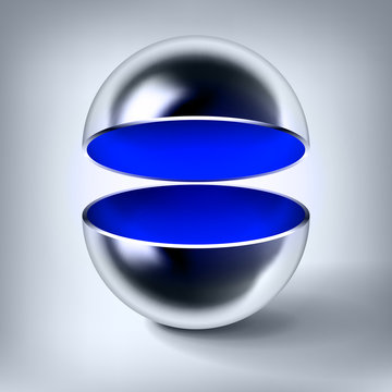 Vector chrome hollow sphere, open glossy metal ball, blue inside, abstract object for you project design