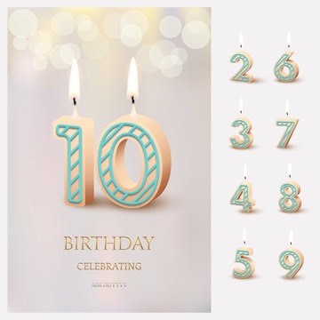 Burning number 10 birthday candles with birthday celebration text on light blurred background and burning birthday candle set for other dates. Vector vertical birthday invitation template.