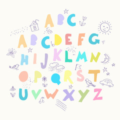 Fototapeta na wymiar Colorful geometrical alphabet, naive style letters