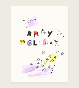 Hand drawn ink and watercolor card with doodle style illustrations and letering.