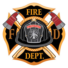 Fototapeta premium firefighter, fireman, volunteer, axe, cross, illustration, black, white, helmet, vintage, tool, emergency, fire, flames, ladder, equipment, hook, nozzle, rescue, department, symbol, red, safety, sign,