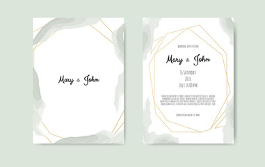 Wedding invite with abstract watercolor style decoration in light tender dusty green color on white background.