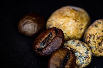 Brown roasted coffee and cocoa beans on black background, close up, macro