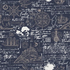 Vector abstract seamless background on the theme of travel, adventure and discovery. Old manuscript with islands, sailboats, wind rose and nautical symbols with blots and stains in vintage style