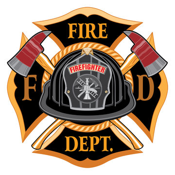 Fire Department Cross Vintage with Black Helmet and Axes is an illustration of a vintage fireman or firefighter Maltese cross emblem with a black volunteer firefighter helmet with badge.