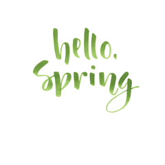Green spring lettering with hand drawn letters in watercolor style on white background 