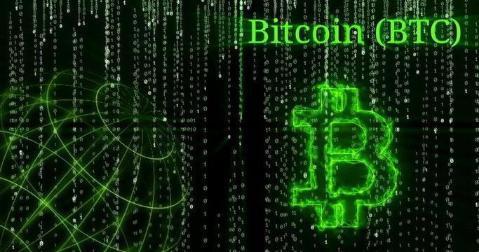 Glowing Bitcoin (BTC) symbol against the falling binary code symbols