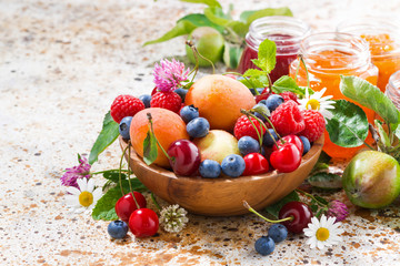 seasonal fruits and berries, jams, closeup