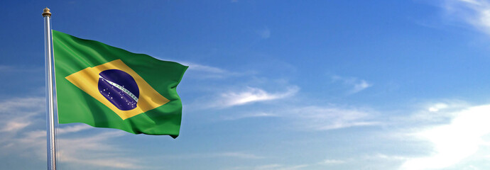 Bandeira do República Federativa do Brasil subir acenando para o vento com o céu ao fundo © Negro Elkha