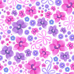 Fototapeta na wymiar Bright watercolor seamless flower trendy pattern. Summer floral with orchid, violets and ribbon. For Template greeting card, wedding invitation banner with flowers.
