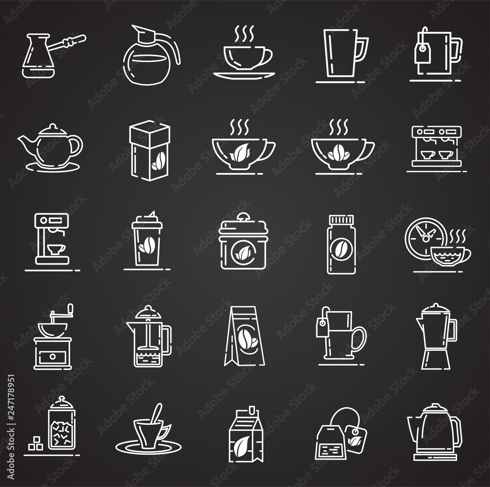 Poster tea and coffee outline icons set on black background for graphic and web design, modern simple vecto