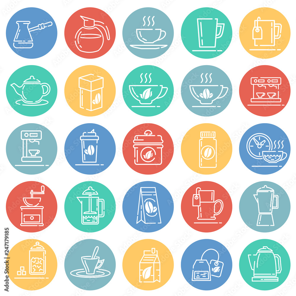 Poster tea and coffee outline icons set on color circles white background for graphic and web design, moder