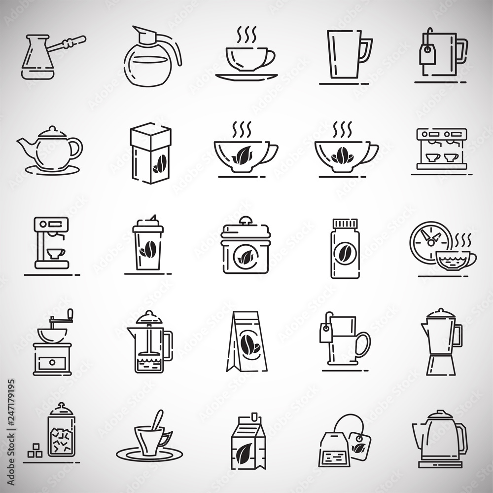 Poster tea and coffee outline icons set on white background for graphic and web design, modern simple vecto